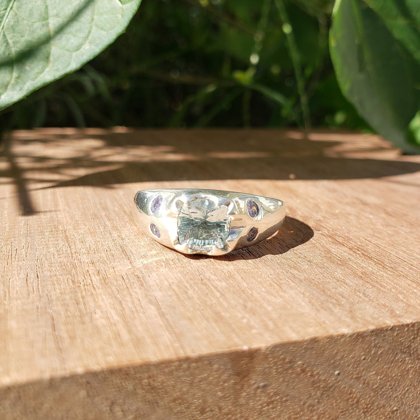 Fantasy cut aquamarine and tanzanite ring