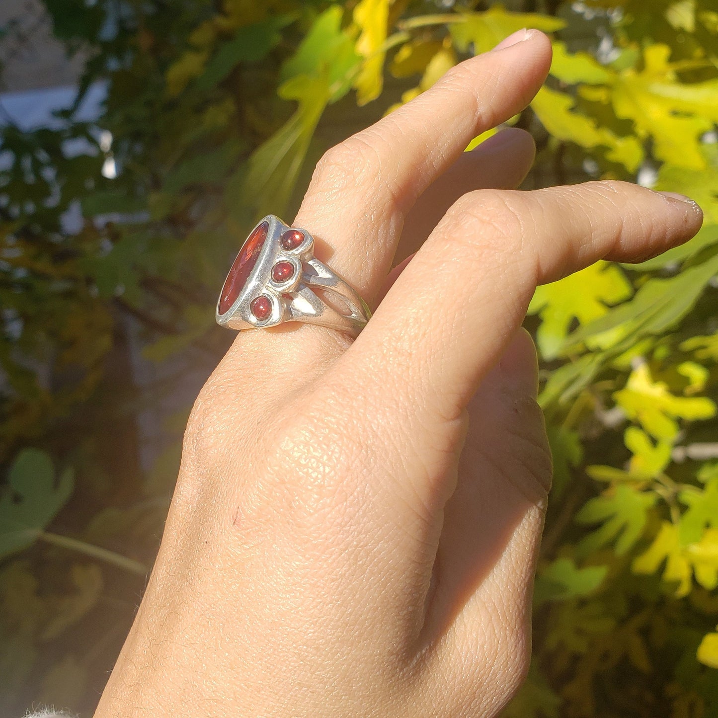 Flower hessonite intaglio signet ring