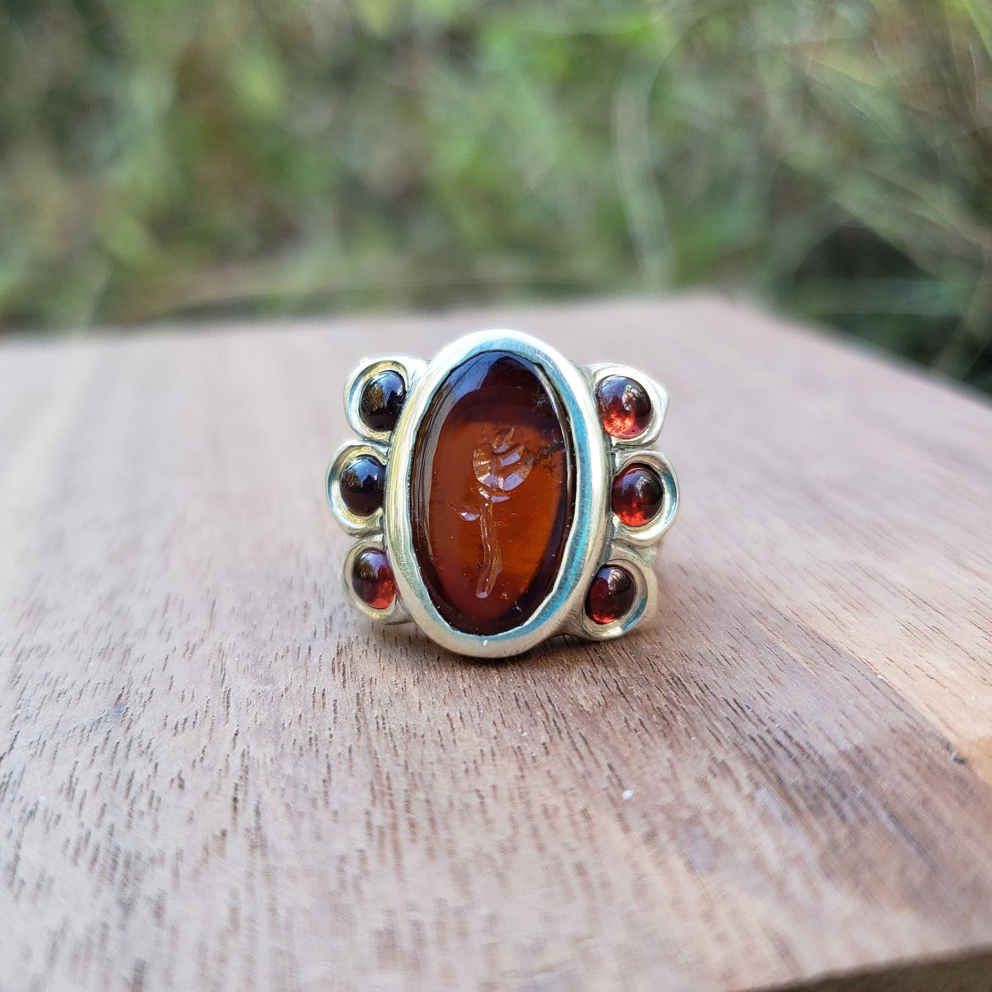 Flower hessonite intaglio signet ring