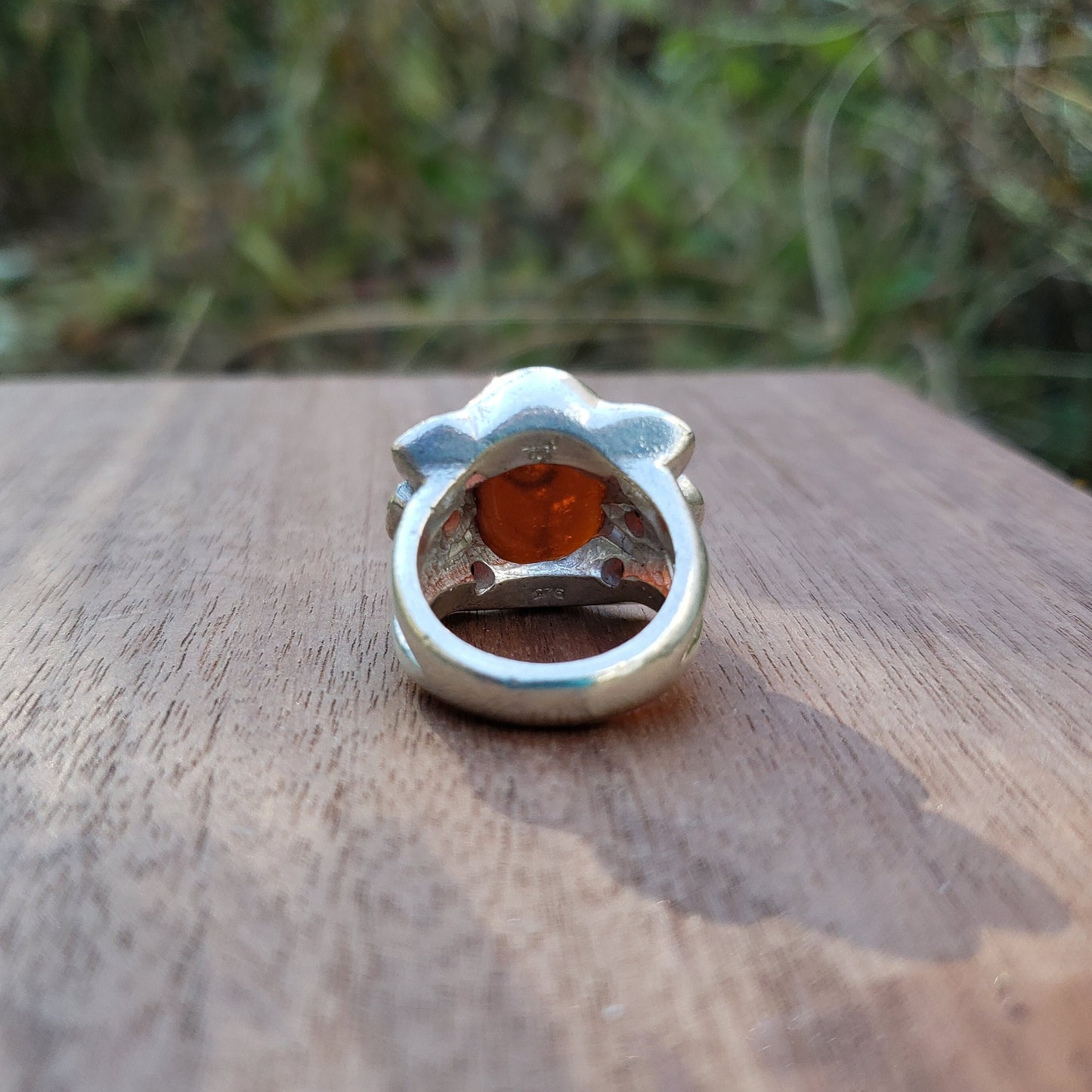 Flower hessonite intaglio signet ring