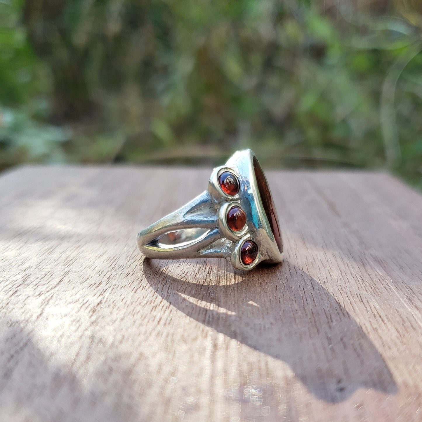 Flower hessonite intaglio signet ring