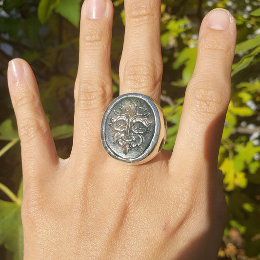 Green man moss agate intaglio and peridot signet ring