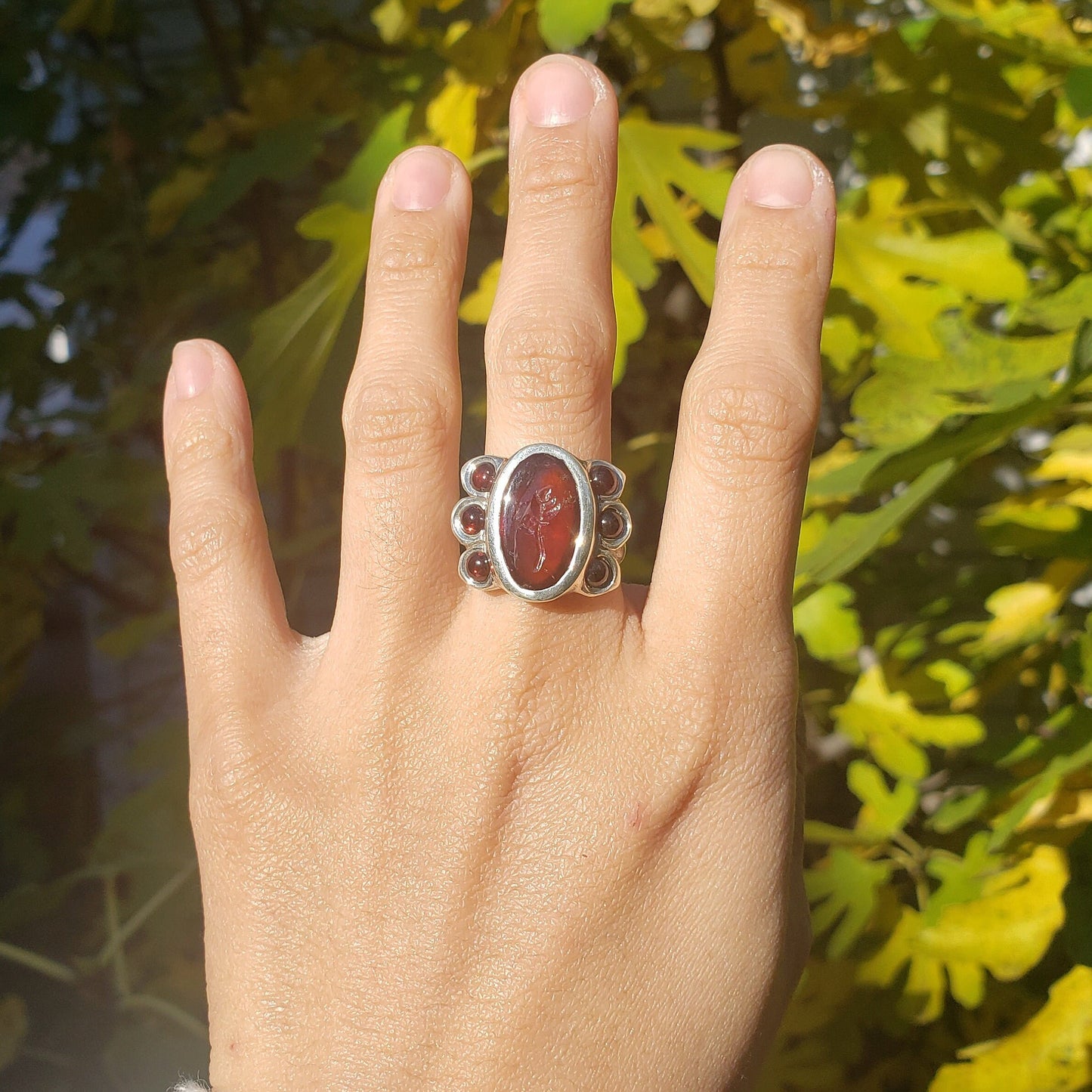 Flower hessonite intaglio signet ring