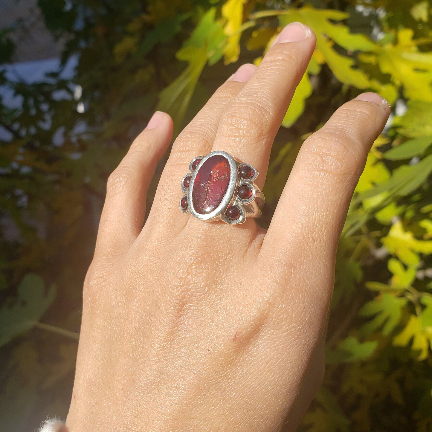 Flower hessonite intaglio signet ring