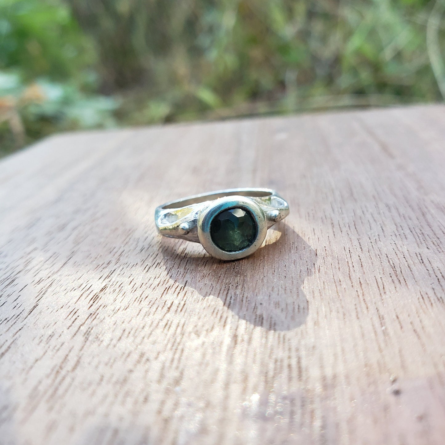 Green sapphire sterling silver vase ring