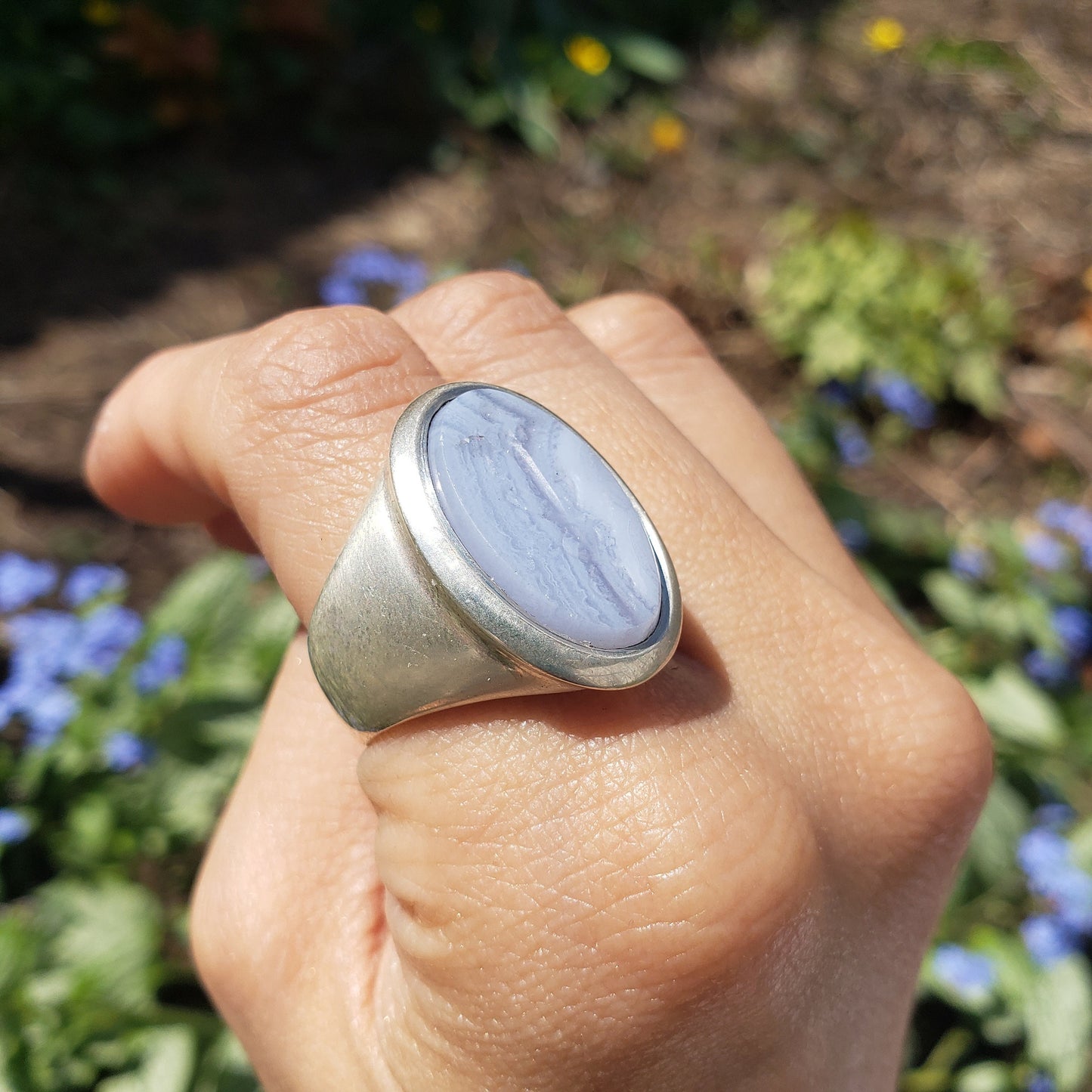 caduceus blue lace agate signet ring