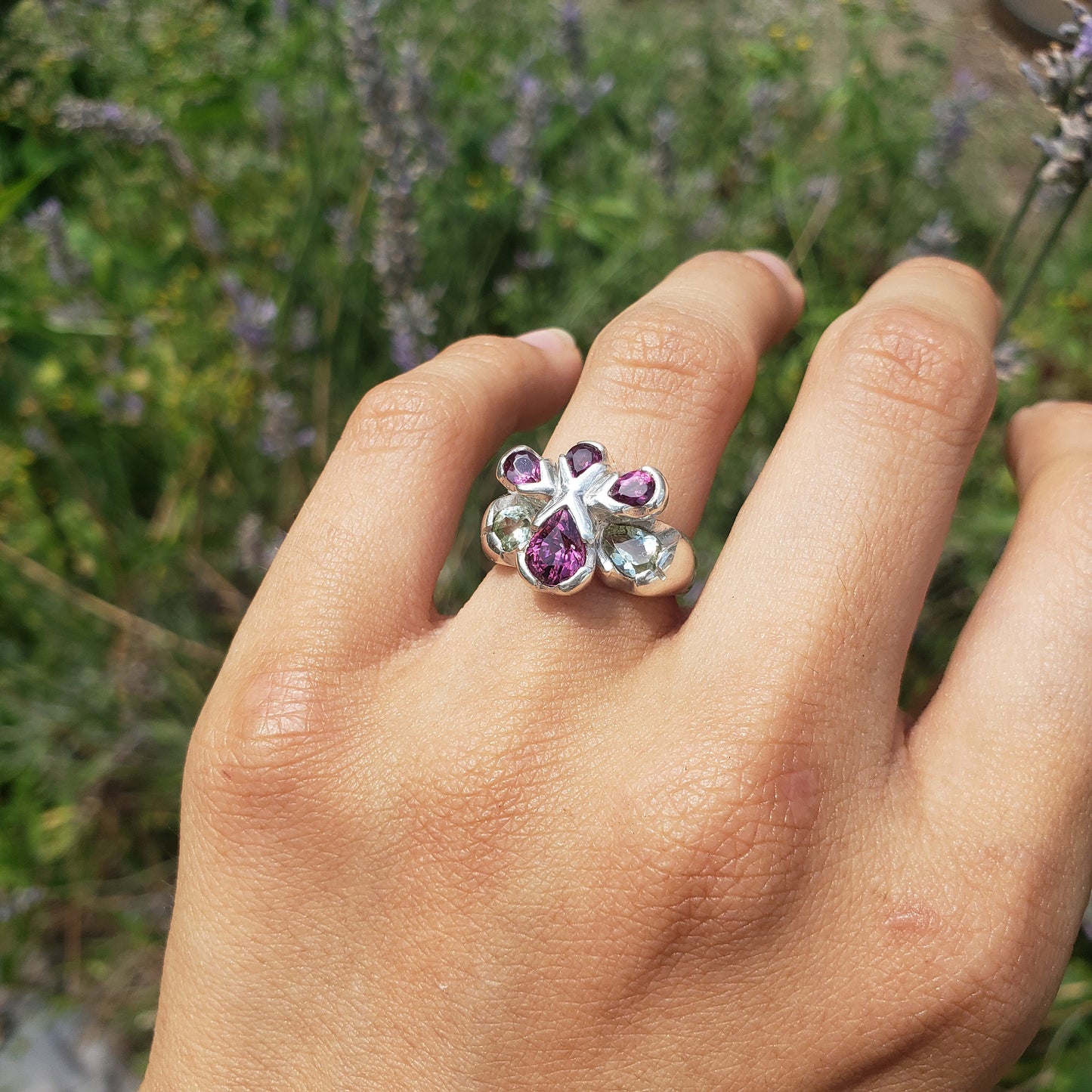 pink and green garnet flower ring