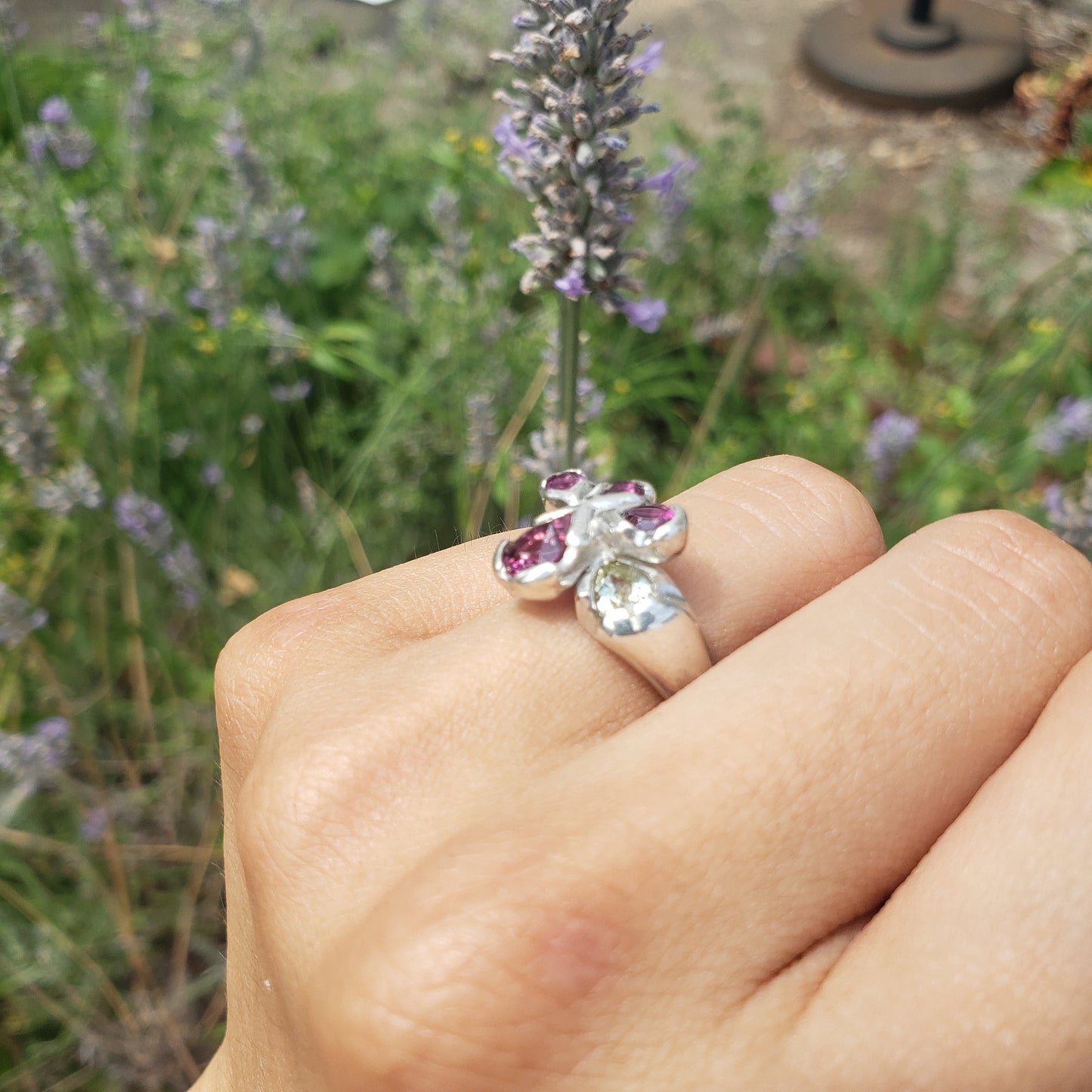 pink and green garnet flower ring