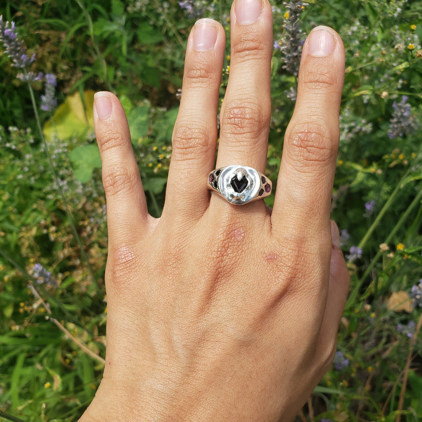 sapphire kite ring with spinels and garnets