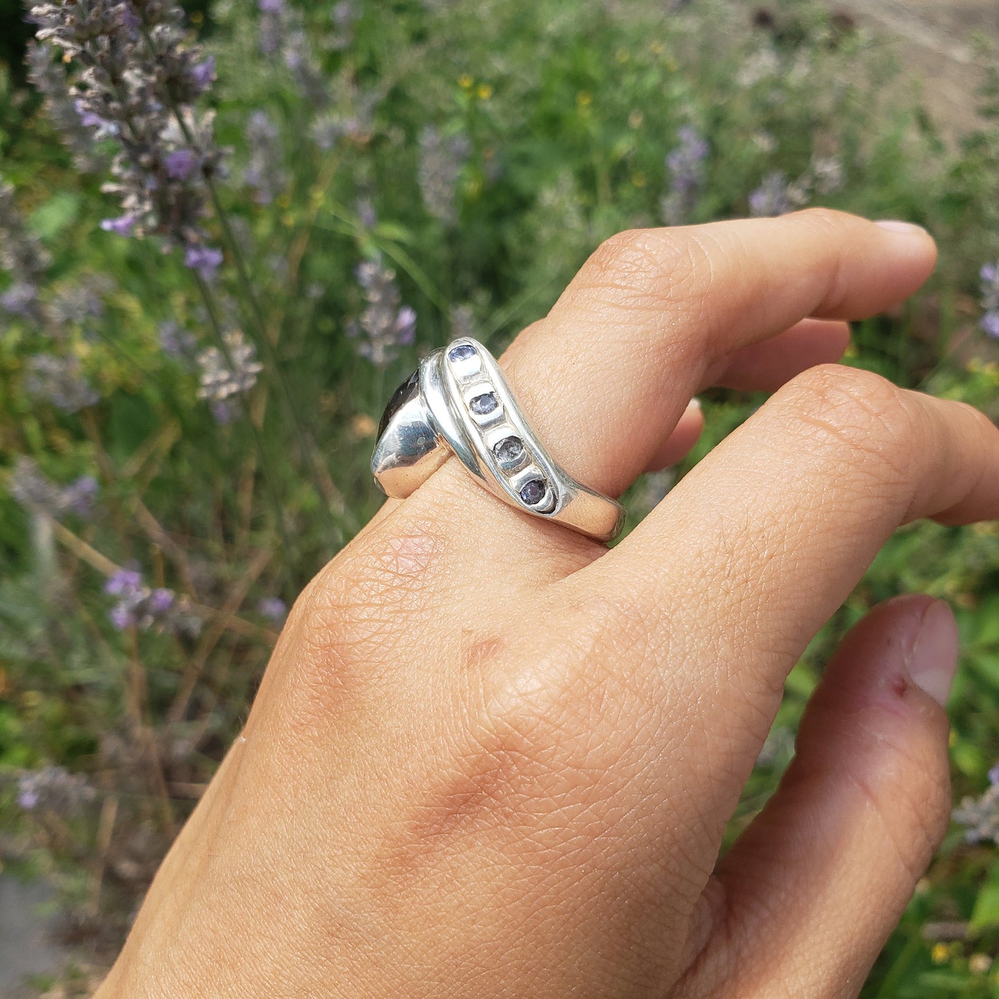 Andalusite marquise and tanzanite ring