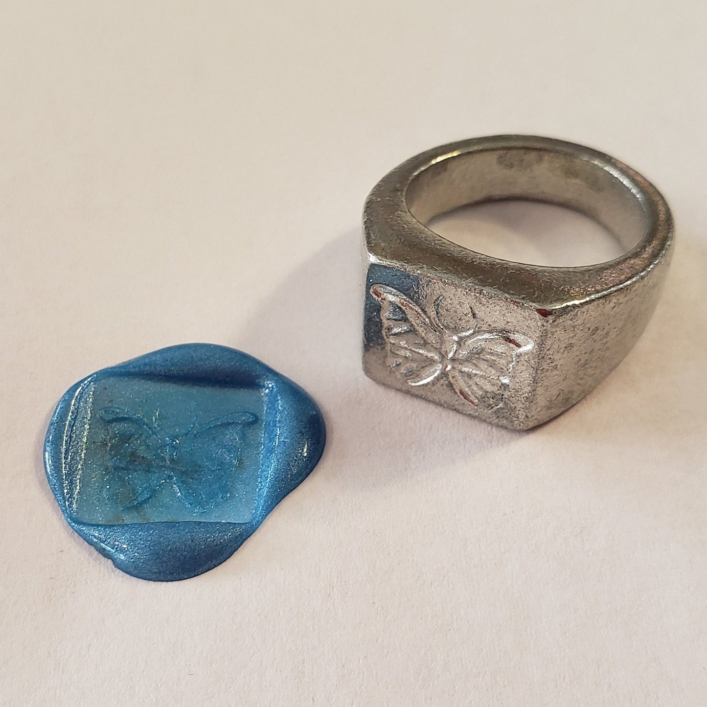 Blue morpho wax seal signet ring