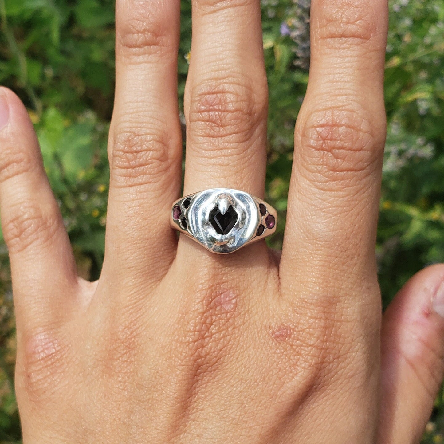 sapphire kite ring with spinels and garnets