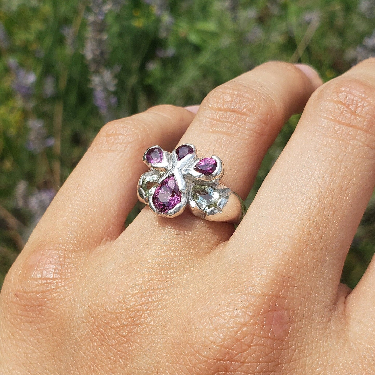 pink and green garnet flower ring