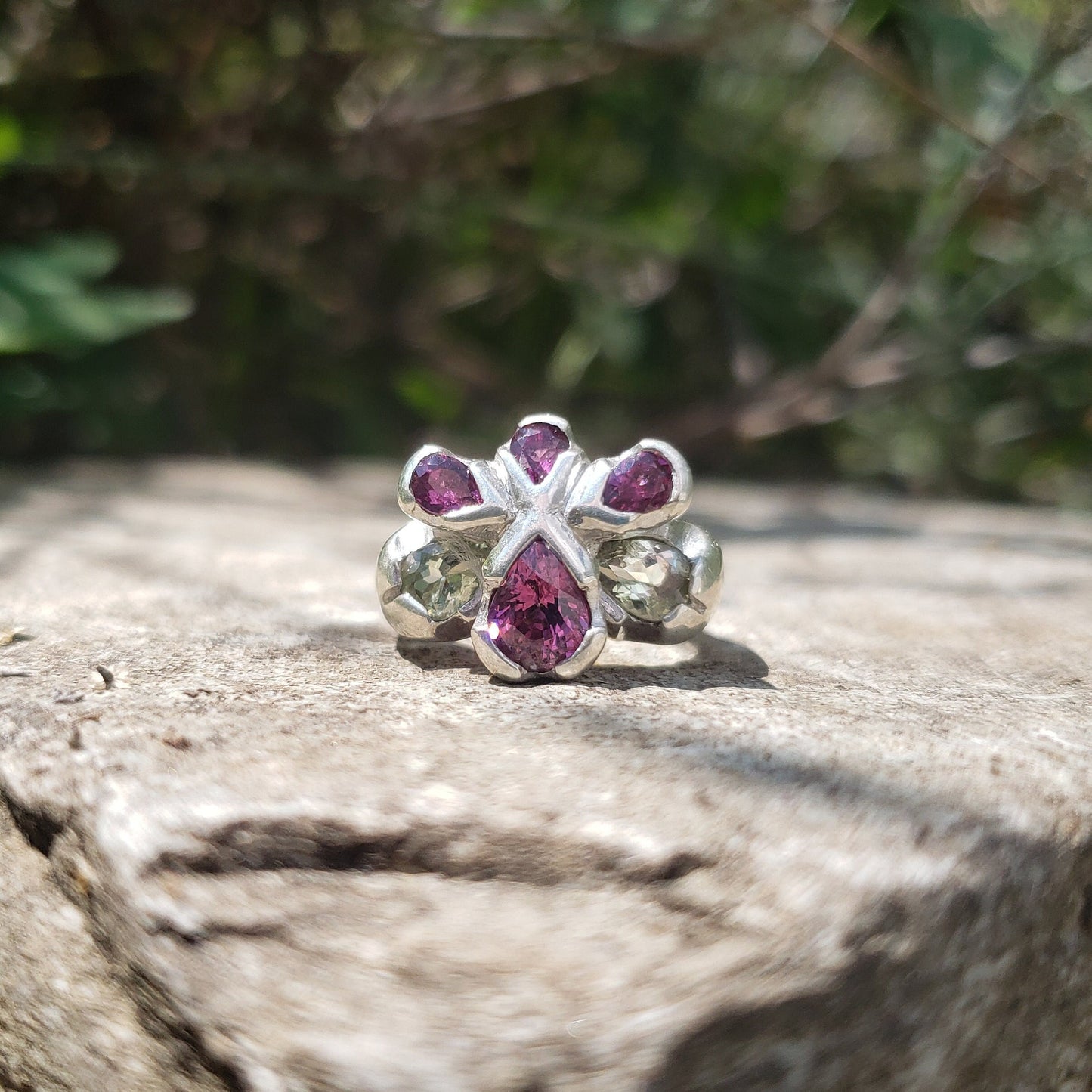 pink and green garnet flower ring