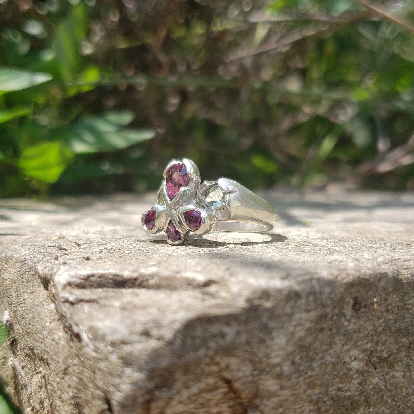 pink and green garnet flower ring