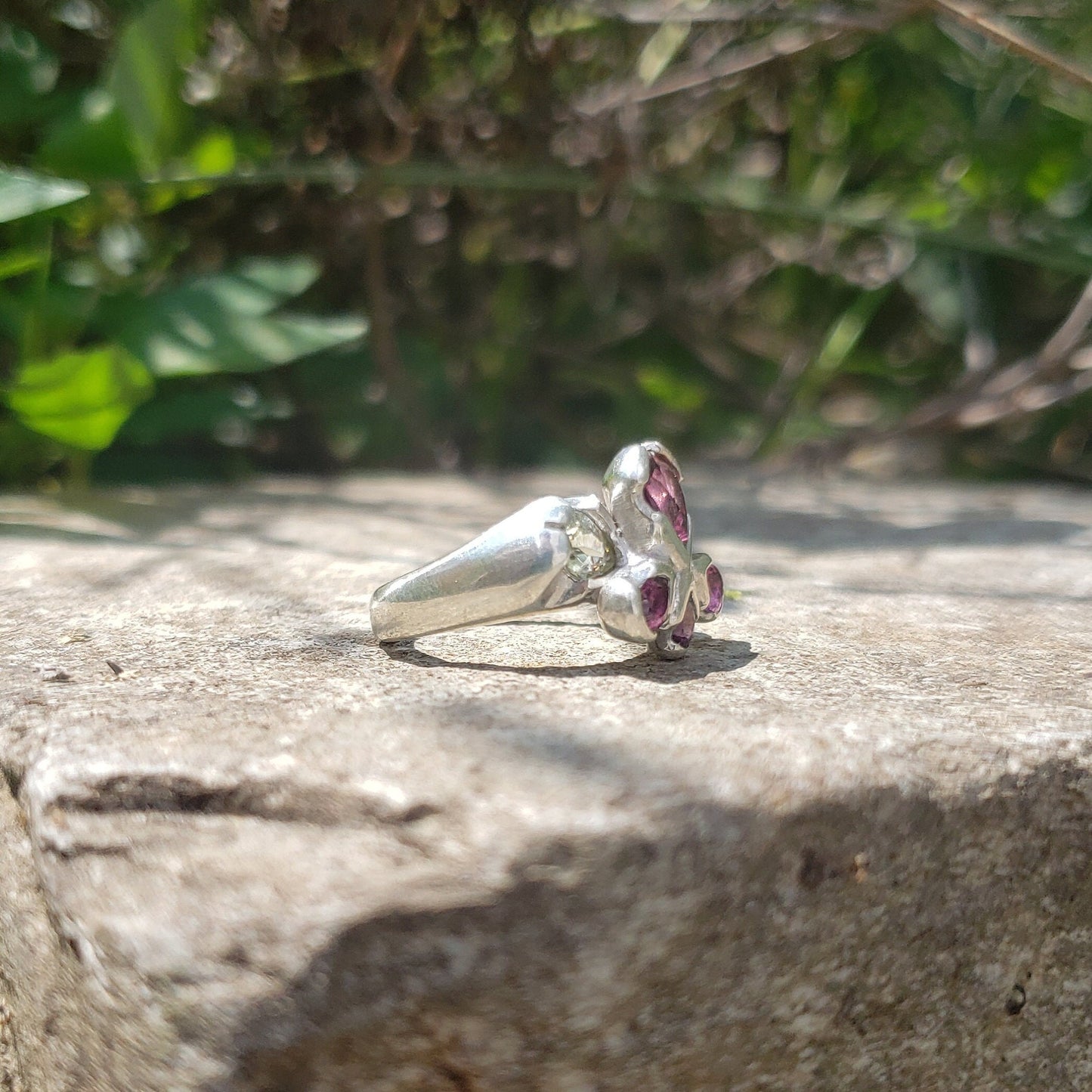 pink and green garnet flower ring