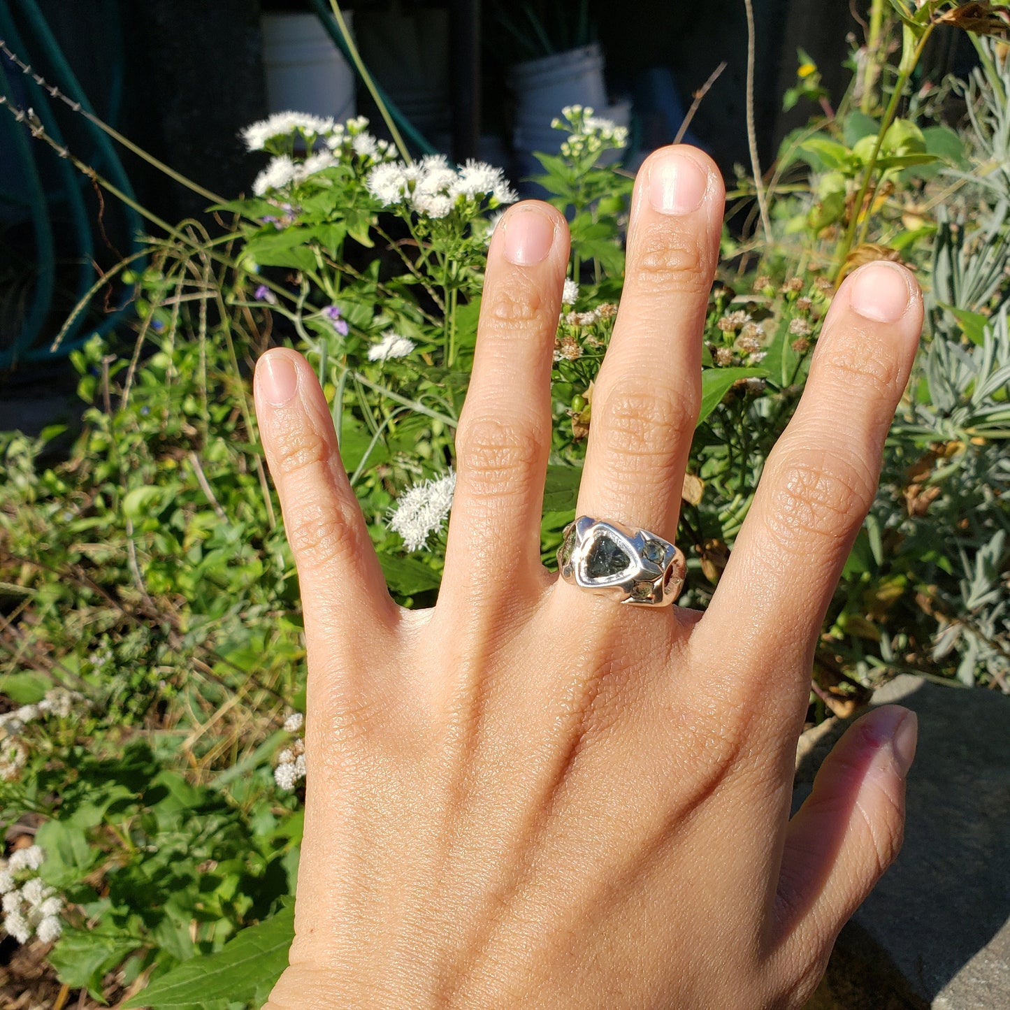 Green sapphire face silver ring