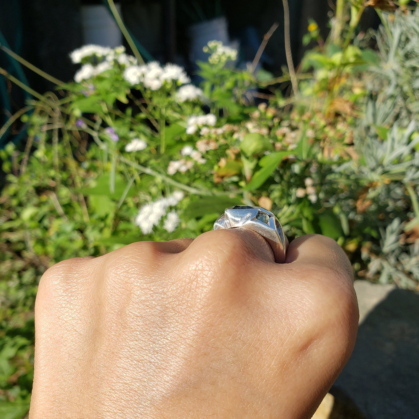 Green sapphire face silver ring