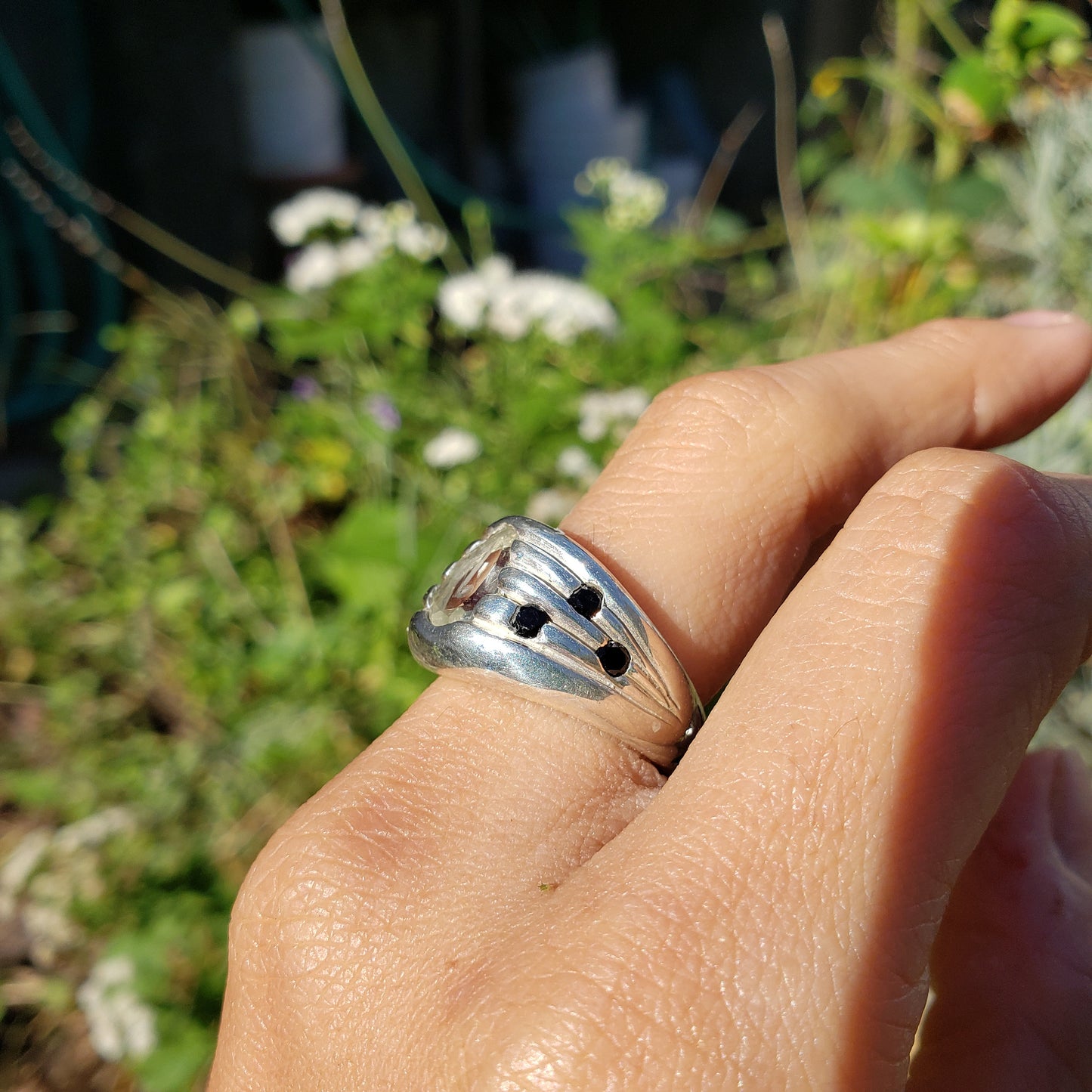 Musical note rock crystal and black spinel sterling silver signet ring