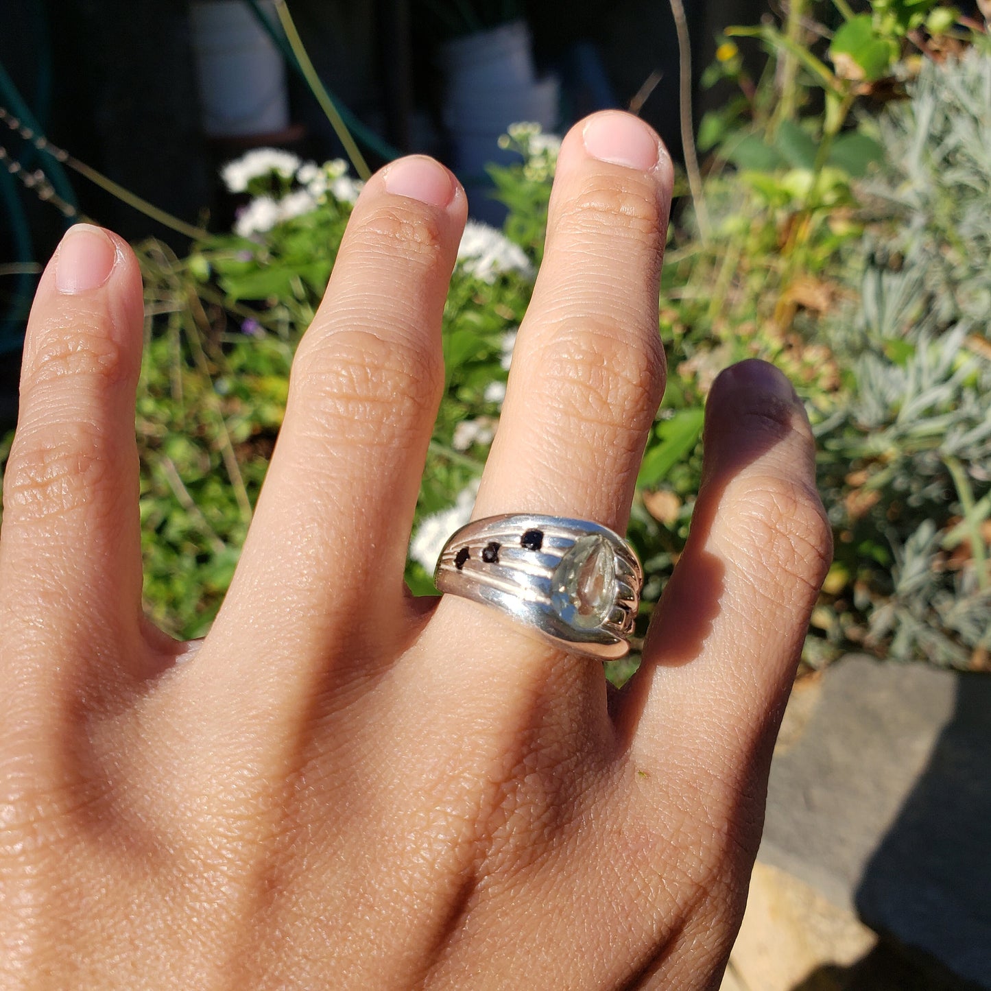 Musical note rock crystal and black spinel sterling silver signet ring