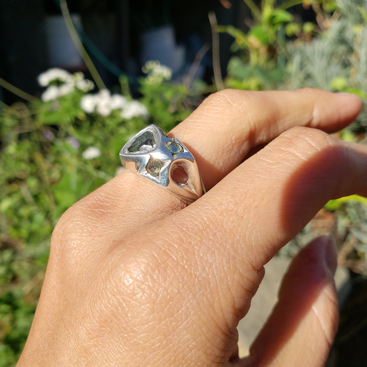 Green sapphire face silver ring