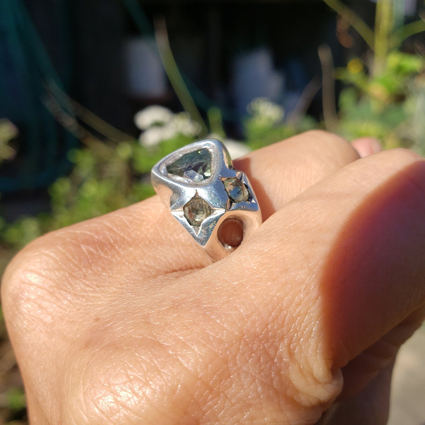 Green sapphire face silver ring