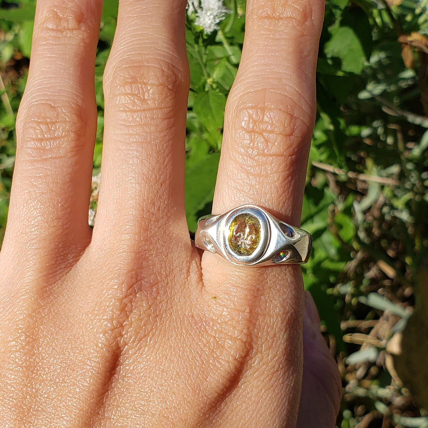 fleur-de-lis intaglio sphene silver ring