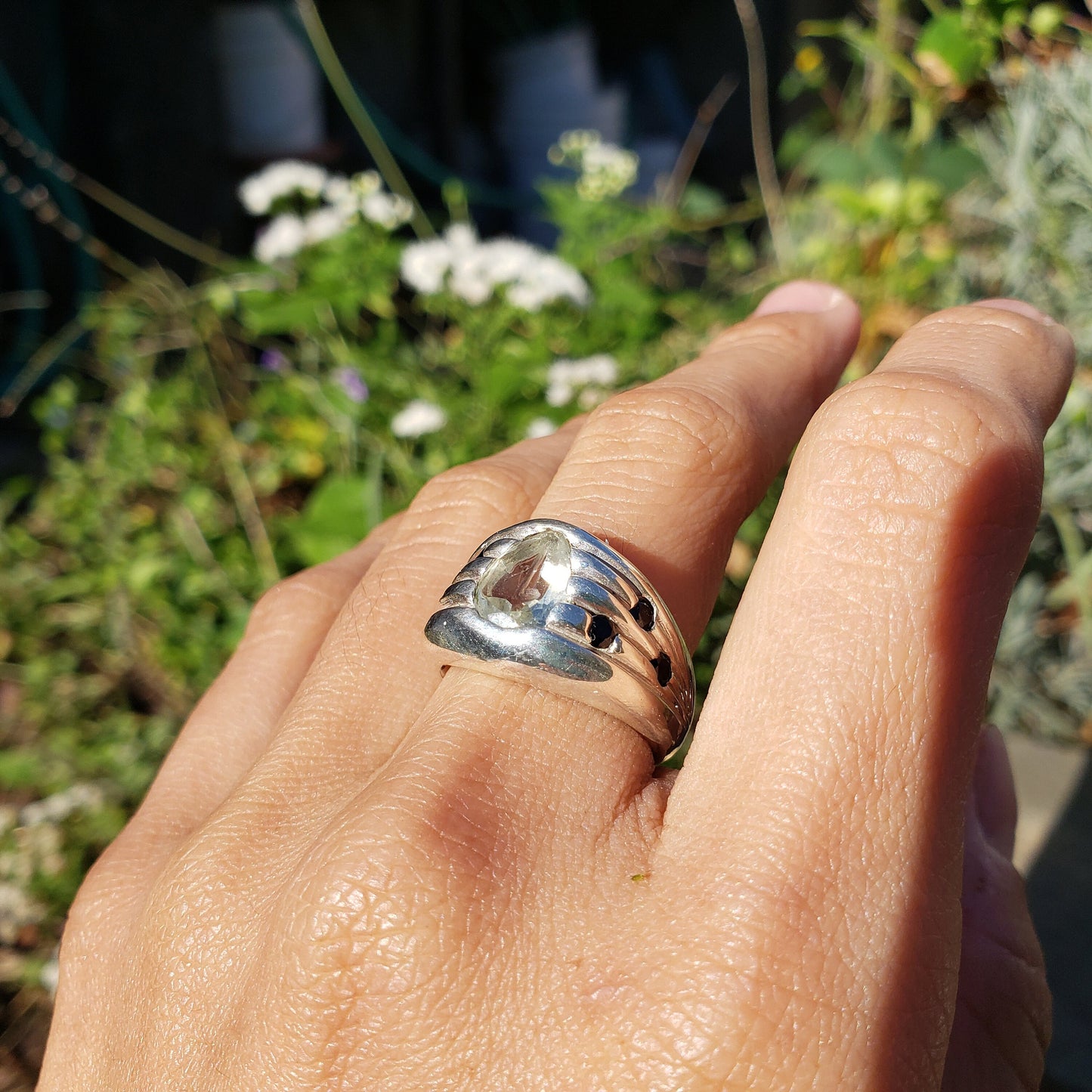 Musical note rock crystal and black spinel sterling silver signet ring