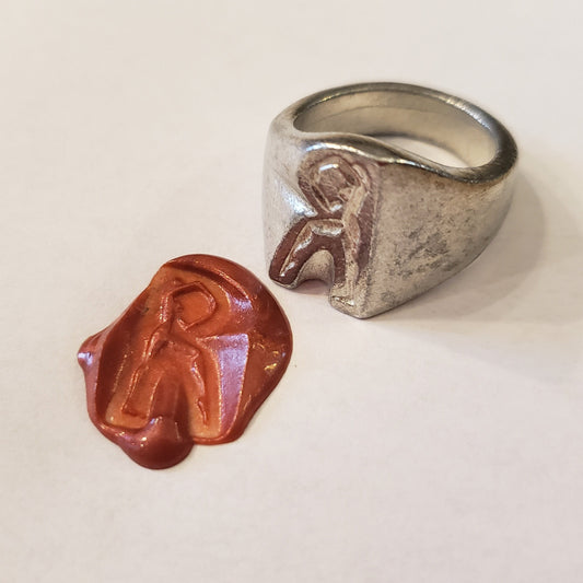 Body letter "R" standing wax seal signet ring