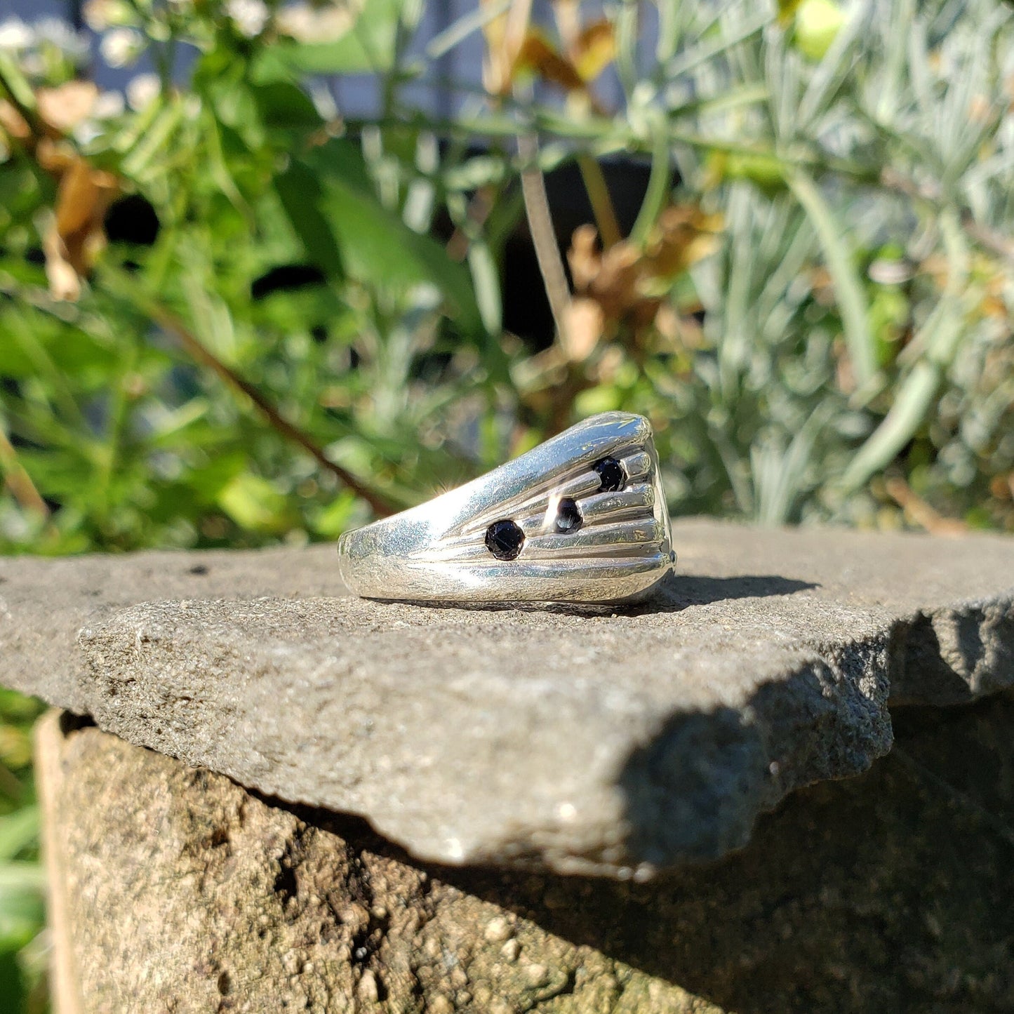 Musical note rock crystal and black spinel sterling silver signet ring