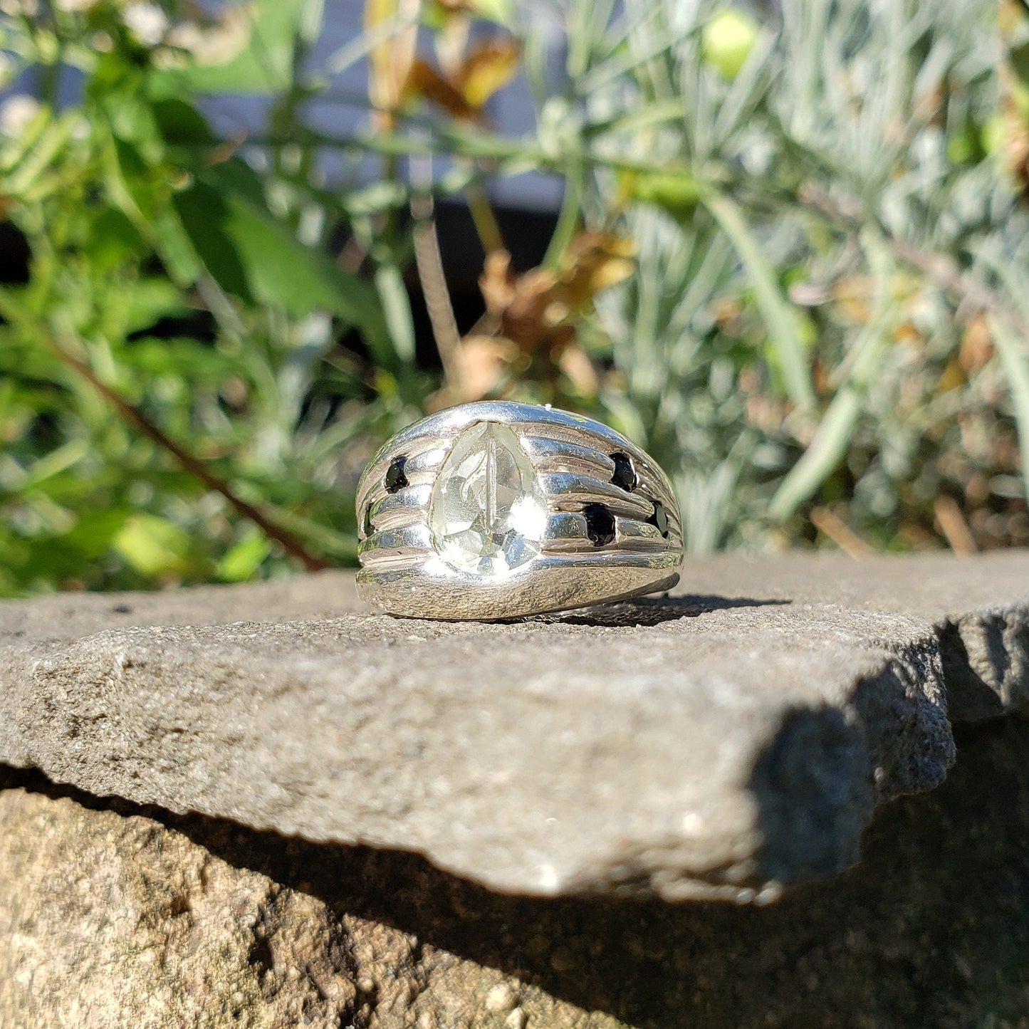 Musical note rock crystal and black spinel sterling silver signet ring