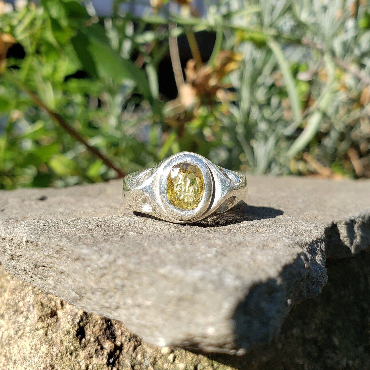 fleur-de-lis intaglio sphene silver ring