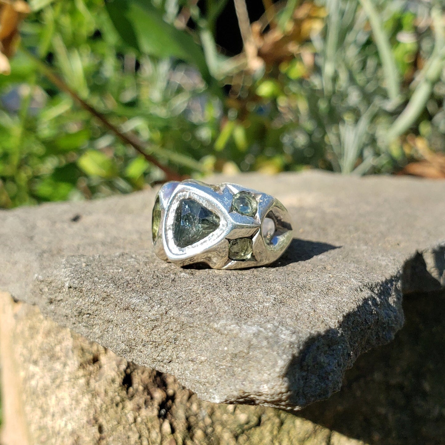 Green sapphire face silver ring