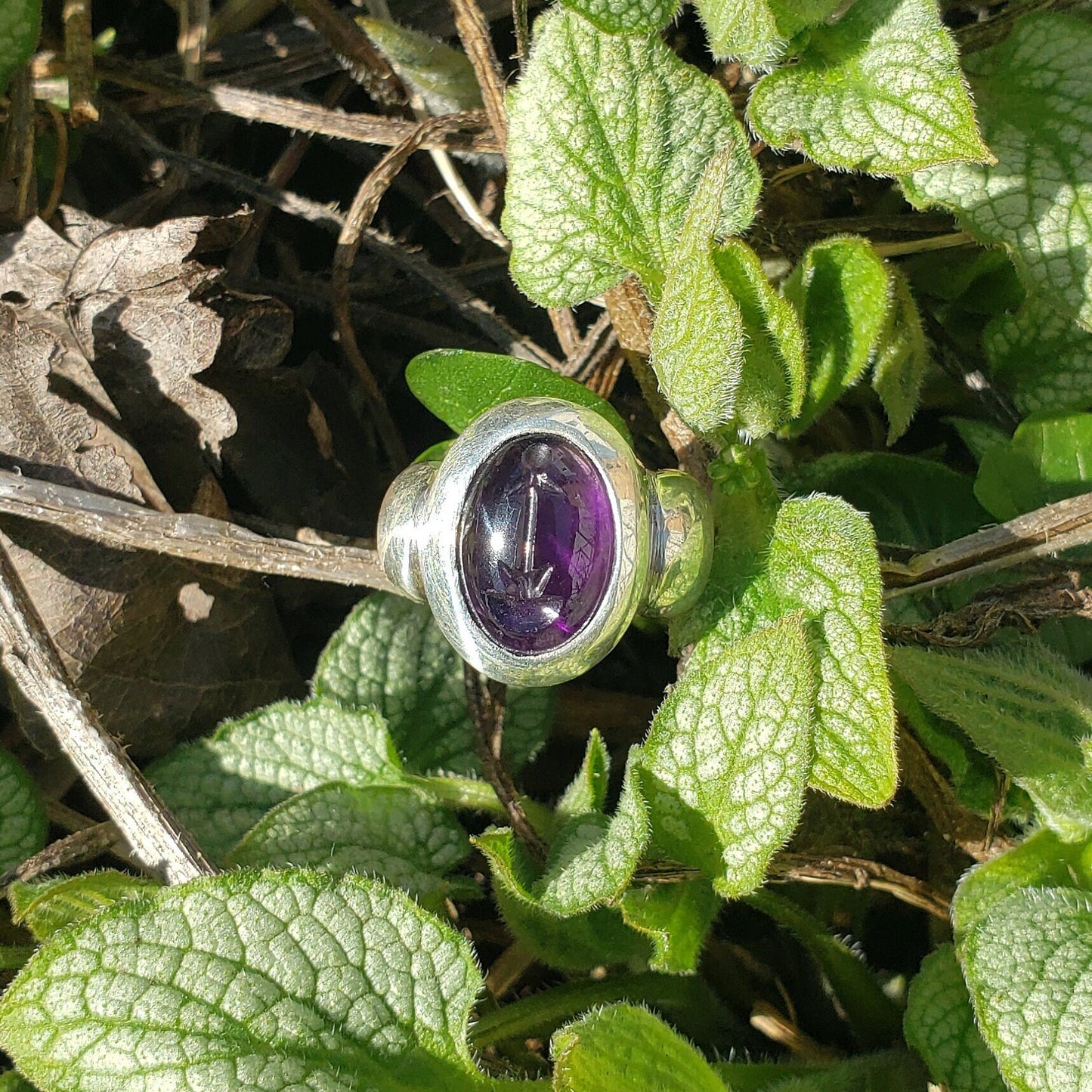 Mushroom amethyst silver ring