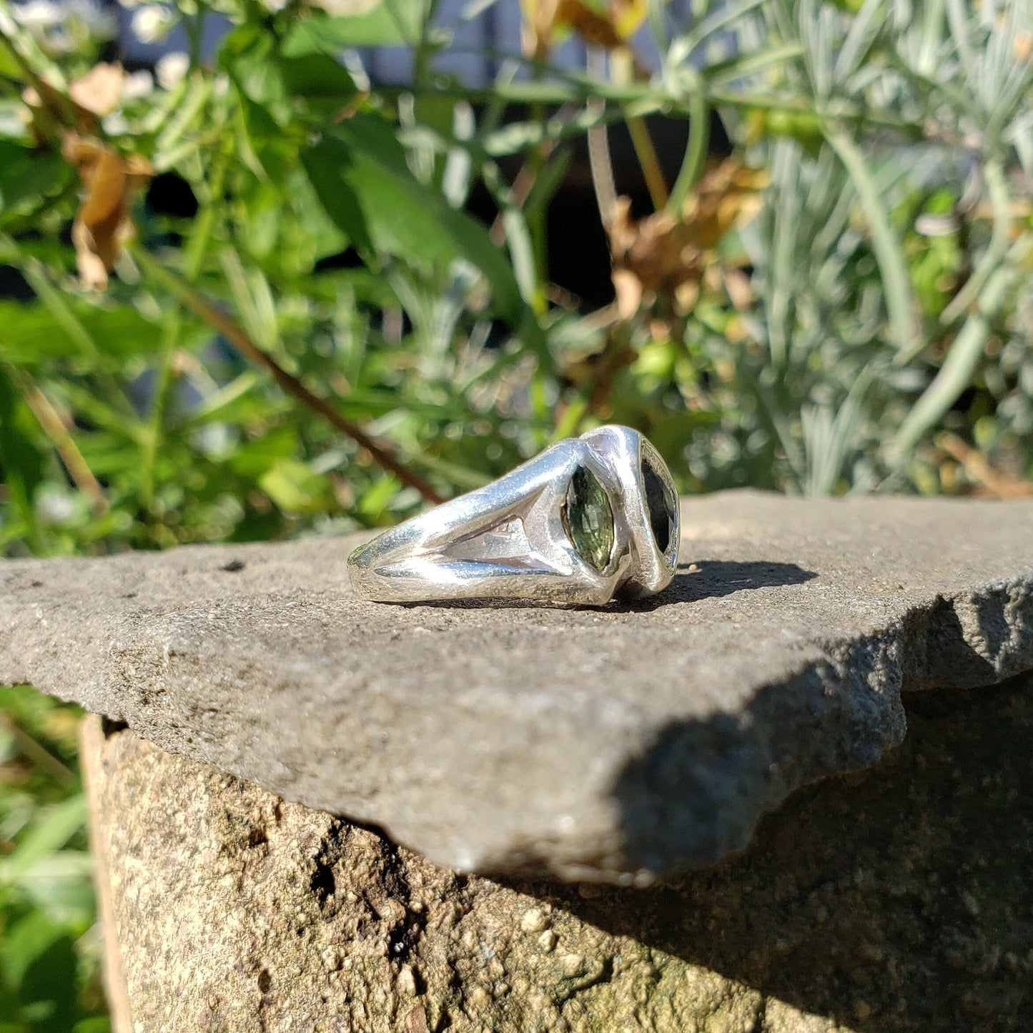 Green sapphire face silver ring