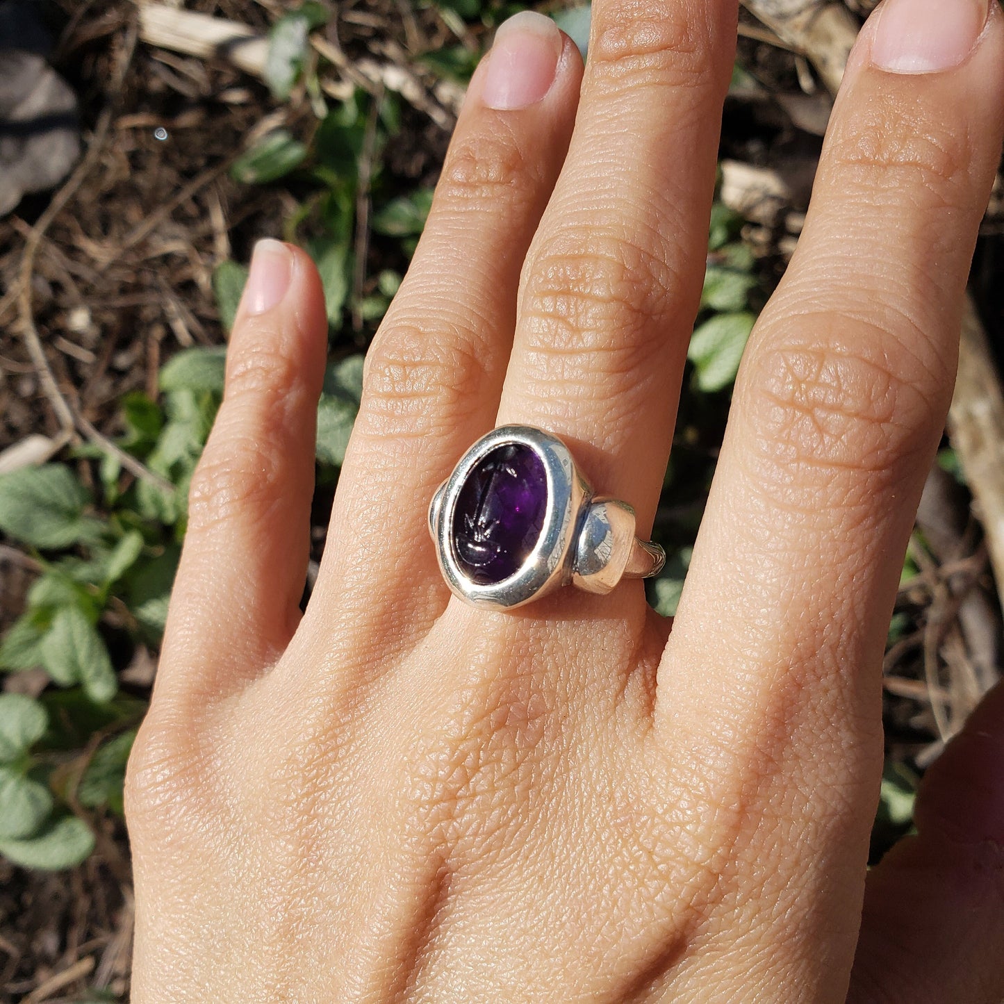 Mushroom amethyst silver ring