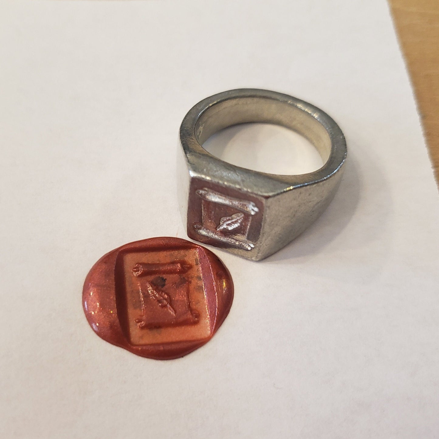 Scroll and quill wax seal signet ring